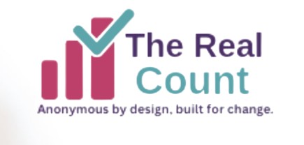 The Real Count logo. An image of three lines indicating a chart with a tick at the top. Wording reads 'Anonymous by design, built for change'. This has a hyperlink to the Real Count Survey about non-reported domestic abuse in the UK. 