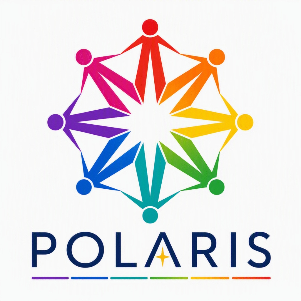 This picture is on stick people holding hands in a circle. Each is a different colour of the rainbow. Their legs form a star shape in the middle. Underneath is the word POLARIS and the image of a star in the A.